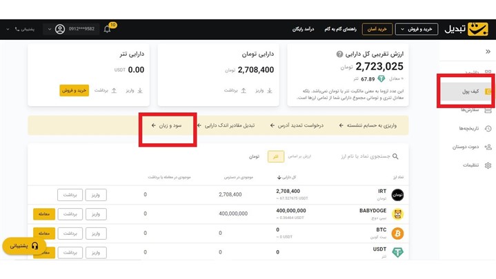 تحلیل سود و زیان؛ گزارش وضعیت پرتفوی در صرافی ارز دیجیتال تبدیل